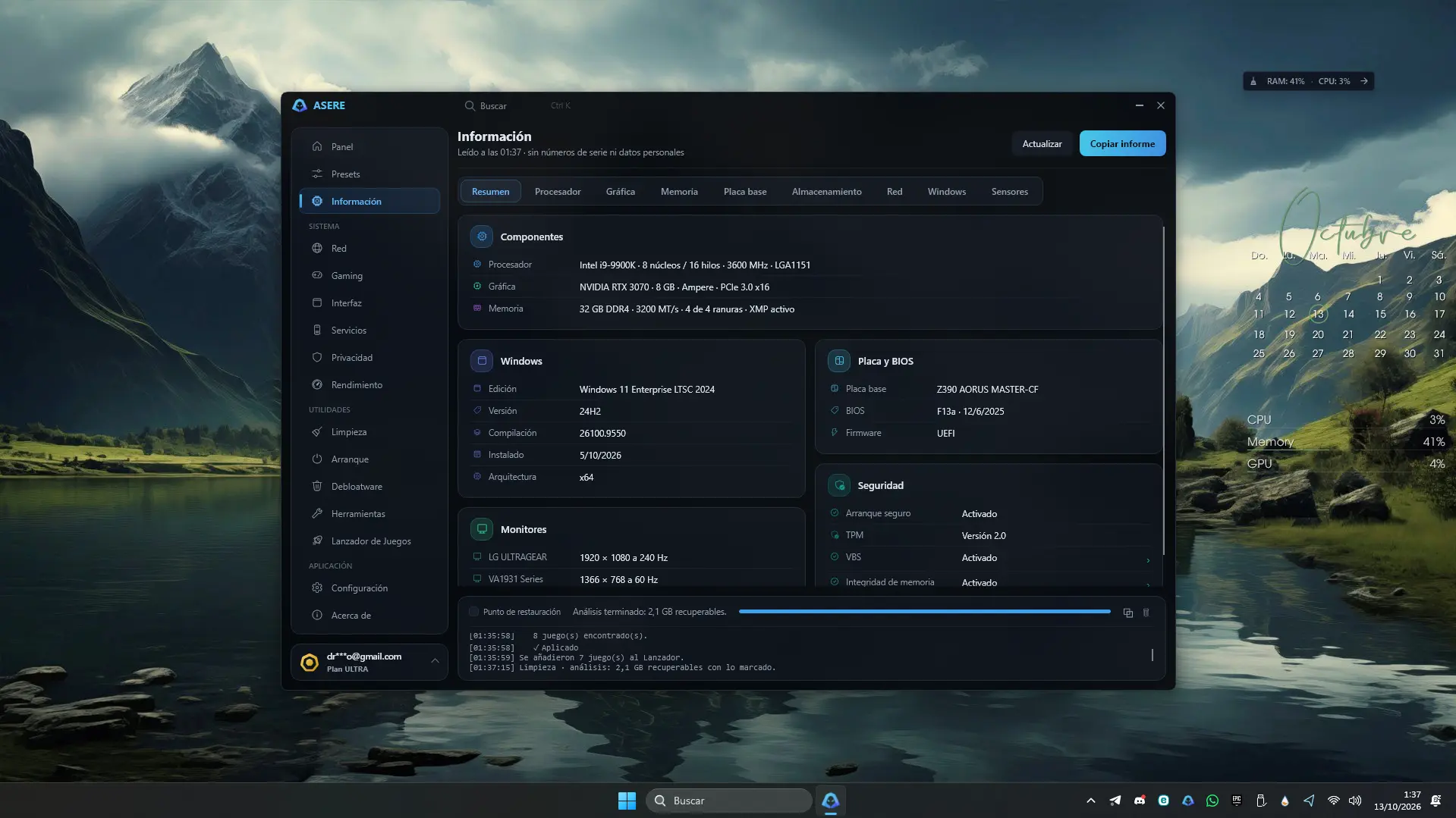 Página Información de Asere con el resumen del hardware