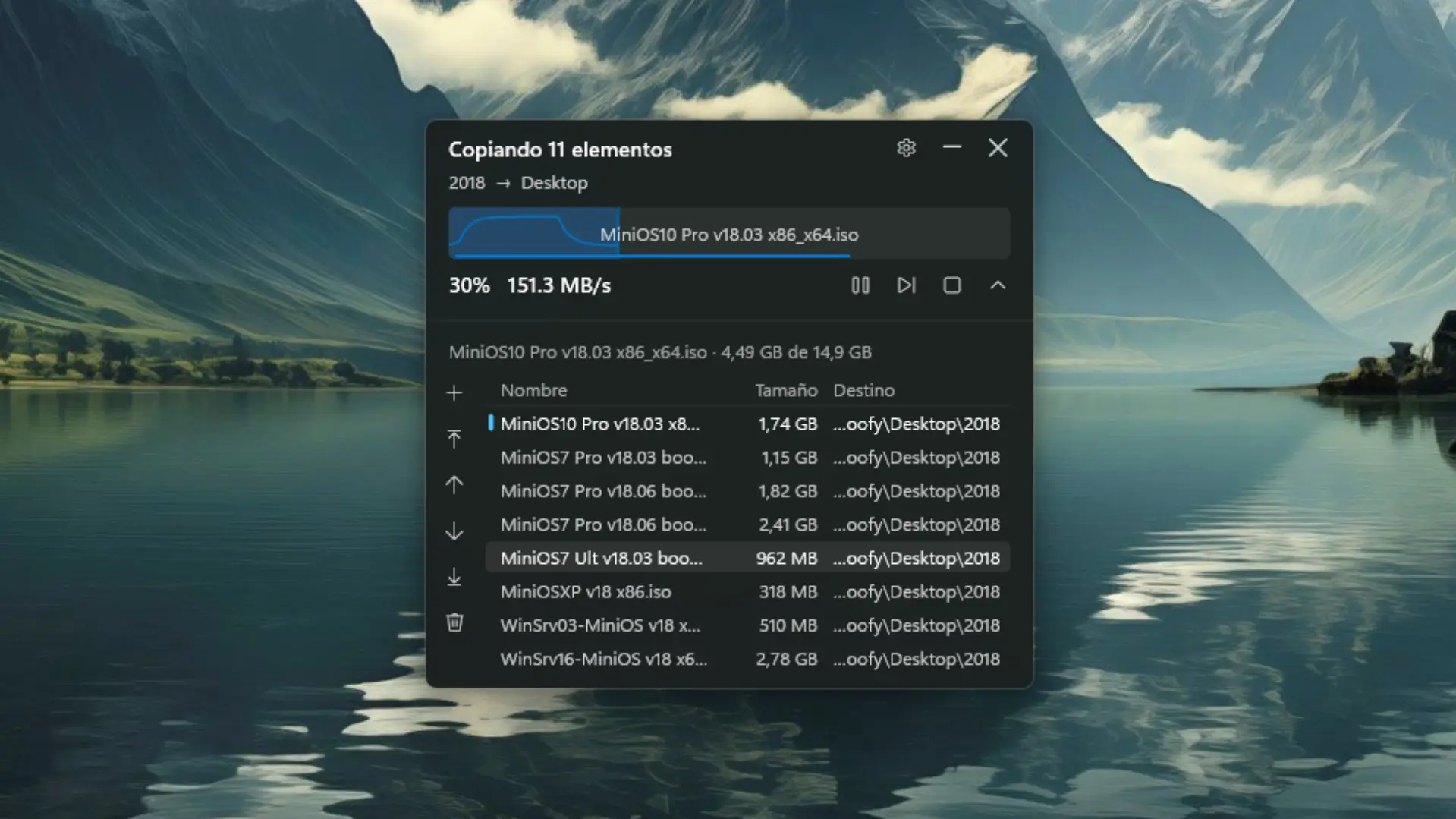Ventana de progreso de Exacopier copiando archivos en Windows