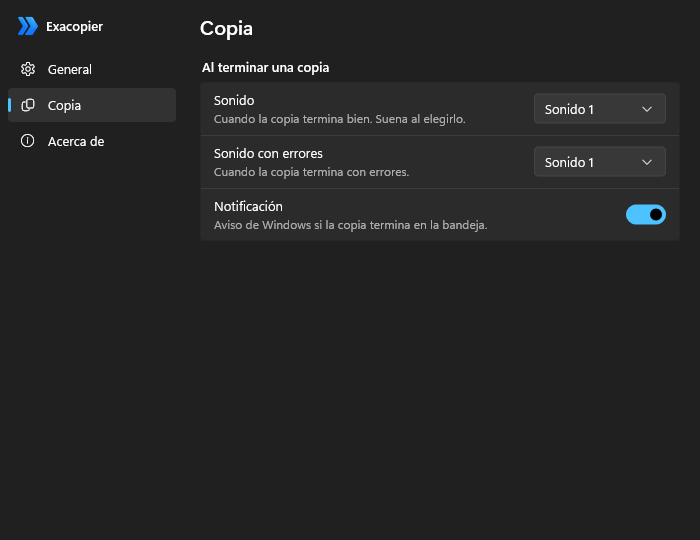 Página Copia de la configuración de Exacopier