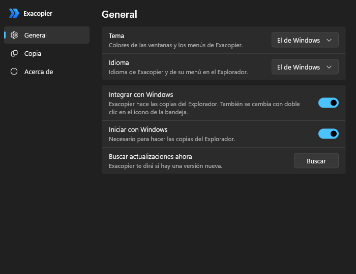 Página General de la configuración de Exacopier