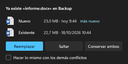 Diálogo de Exacopier cuando el archivo ya existe en el destino