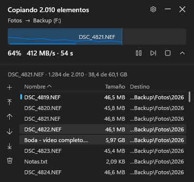 Ventana de progreso de Exacopier con la lista de archivos pendientes