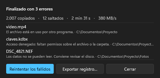 Resumen final de Exacopier con los archivos que fallaron