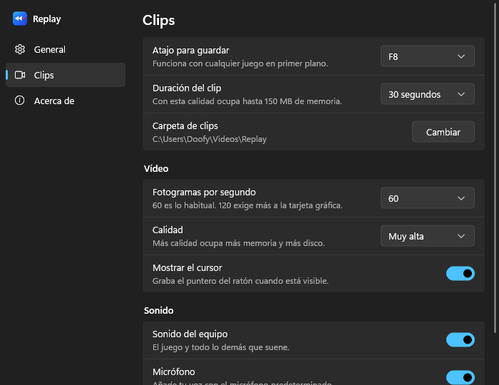 Página Clips de la configuración de Replay
