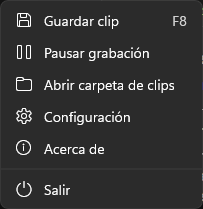Menú del icono de Replay en la bandeja del sistema