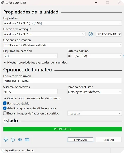 Rufus · configuración lista para escribir
