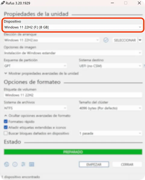 Rufus · selección de la memoria USB