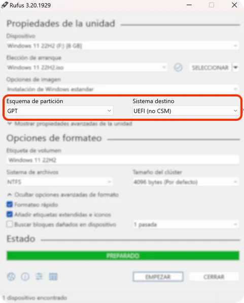 Rufus · esquema de partición